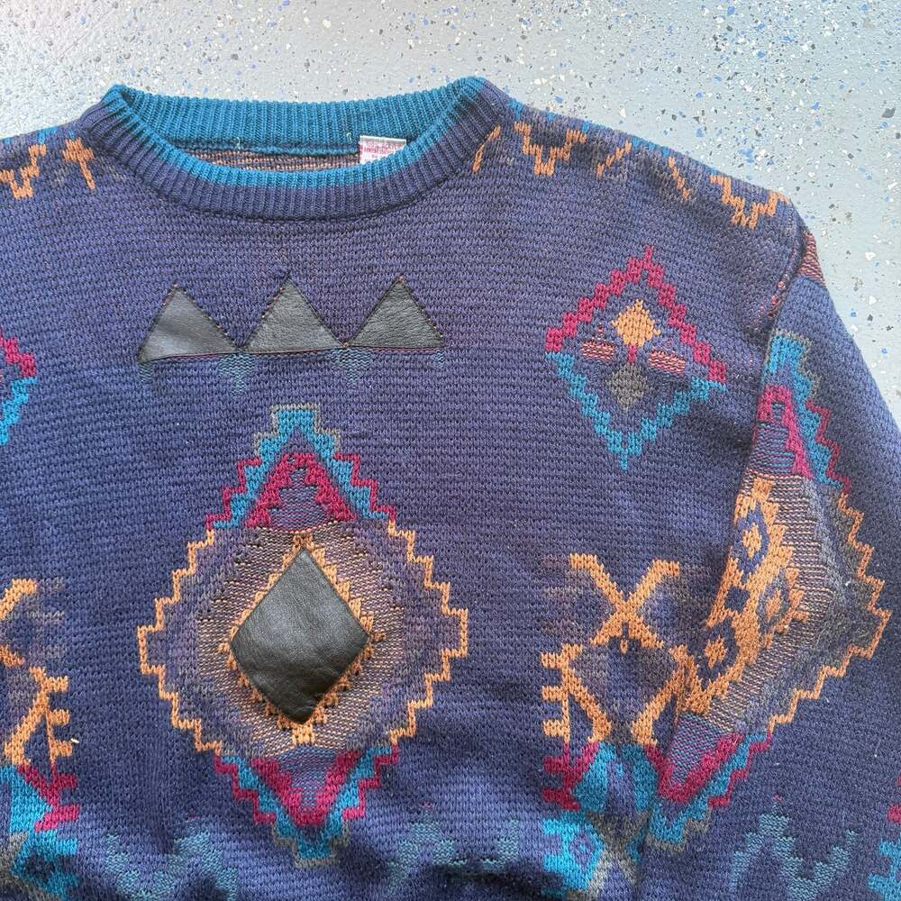 Vintage 90s Southwestern Aztec Print Crewneck Sweater with Leather Trim - Picture 4 of 7